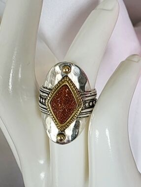 Silpada Warm Hues Brass, Goldstone, Hammered Sterling Silver Ring R3483.  Size 8